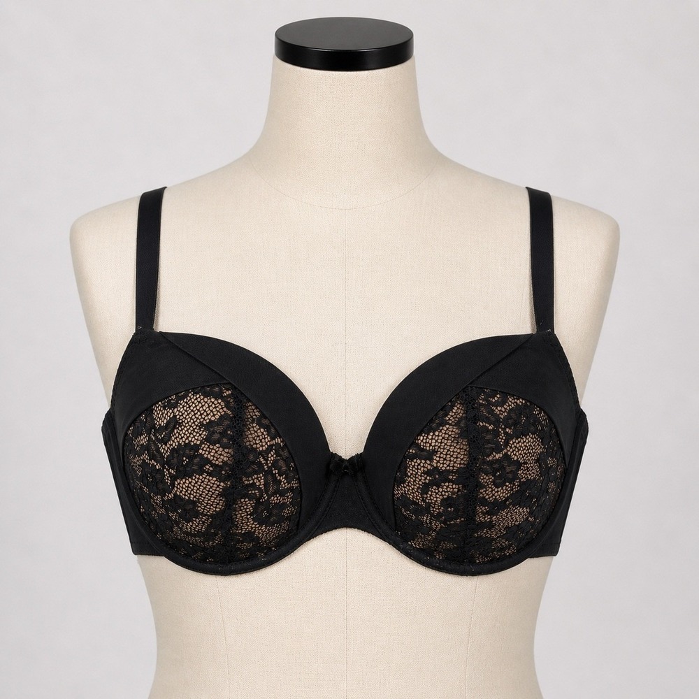 Adore Me Black Lace Push Up Bra Underwire Floral Tan Contrast 40C
